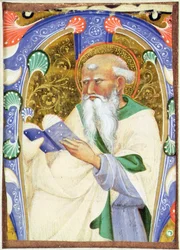 Initiale historiée M représentant un saint barbu avec un livre